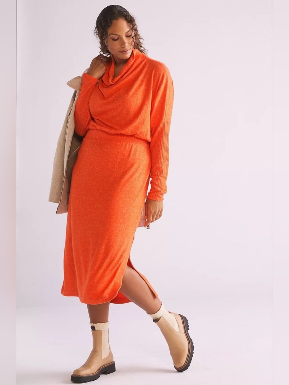 Daily Practice By Anthropologie Orange Blousan Knit Midi Cowl Neck Dress